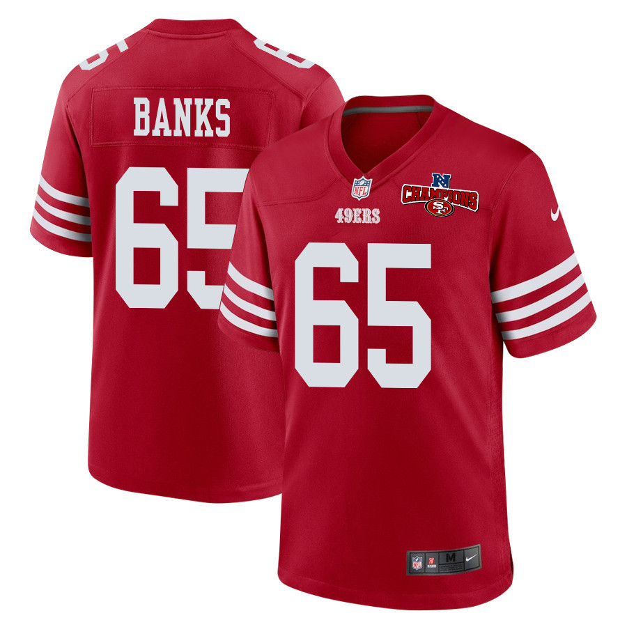 Aaron Banks 65 San Francisco 49ers NFC Champions Patch Game Men Jersey - Scarlet JS4230 nicesnker