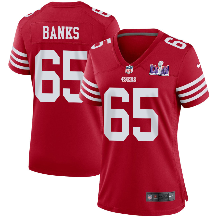 Aaron Banks 65 San Francisco 49ers Super Bowl LVIII Patch Game Women Jersey - Scarlet JS1392 nicesnker