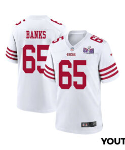 Aaron Banks 65 San Francisco 49ers Super Bowl LVIII Patch Game YOUTH Jersey - White JS8889 nicesnker