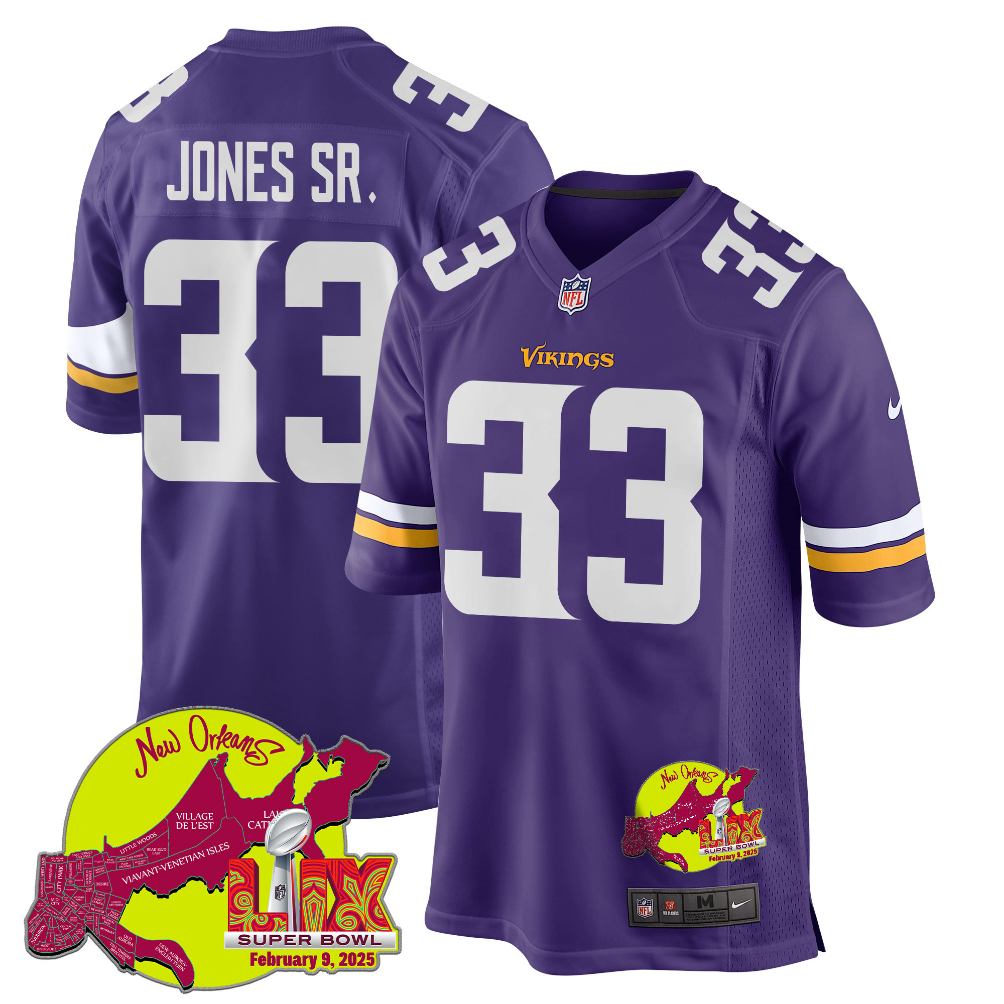 Aaron Jones Sr. 33 Minnesota Vikings Super Bowl LIX New Orleans Patch Game Men Jersey - Purple JS3871 nicesnker