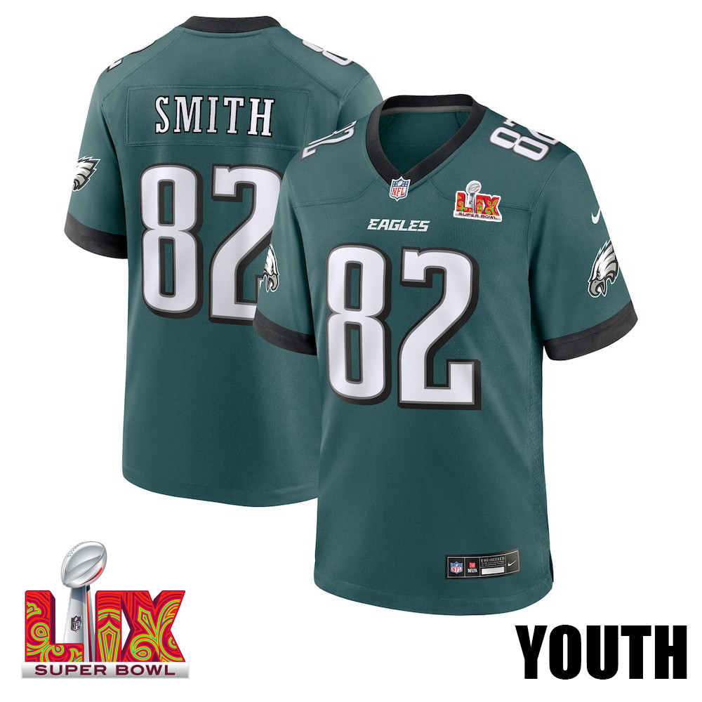 Ainias Smith #82 Philadelphia Eagles Super Bowl LIX YOUTH Jersey - Midnight Green JS3913 nicesnker