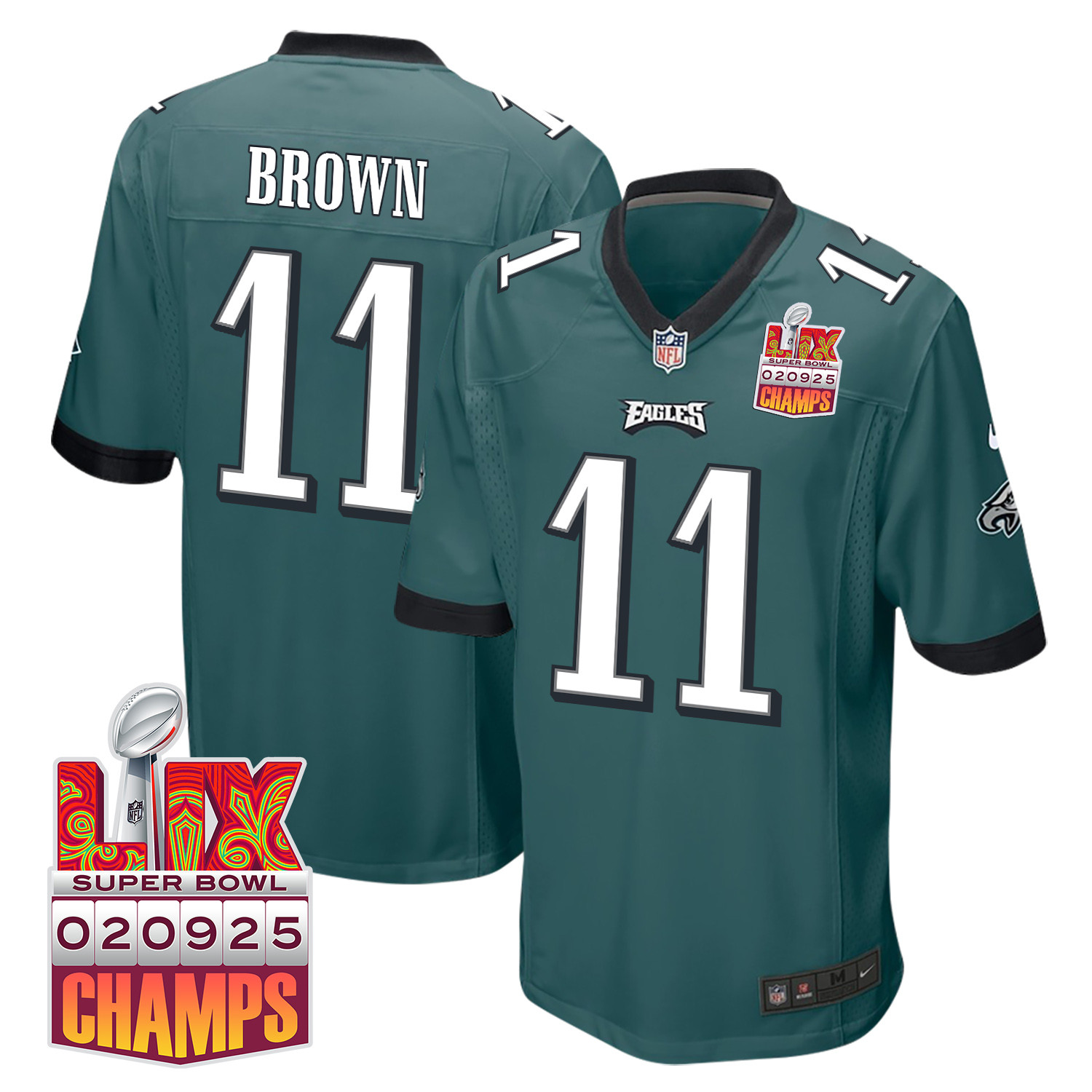 A.J. Brown 11 Philadelphia Eagles Super Bowl LIX Champions Patch Game Men Jersey - Midnight Green JS6525 nicesnker
