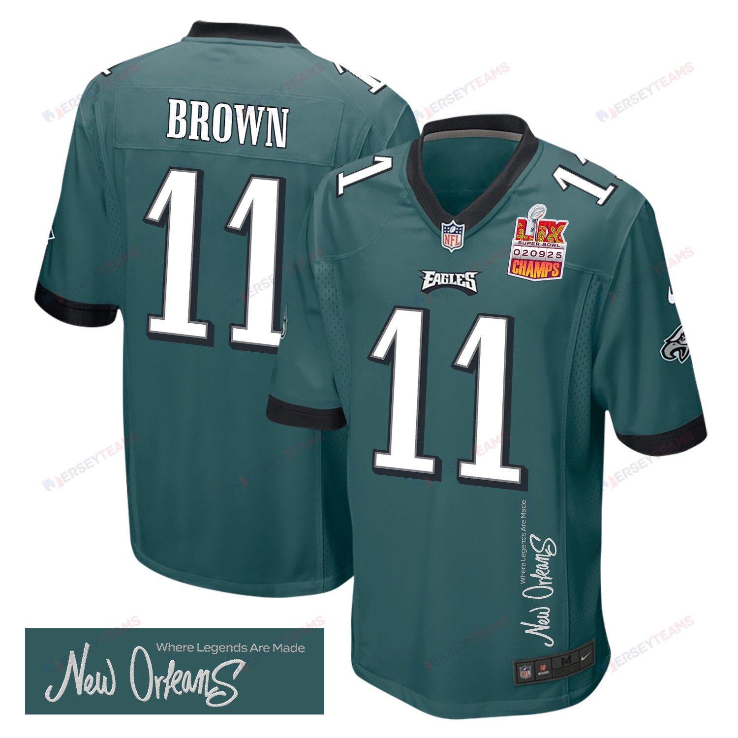 A.J. Brown 11 Philadelphia Eagles Super Bowl LIX Champions Patch 'New Orleans - Where Legends Are Made' EMBROIDERED Game Men Jersey - Midnight Green JS6021 nicesnker