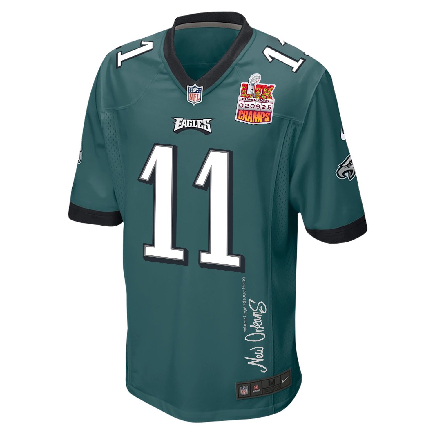 A.J. Brown 11 Philadelphia Eagles Super Bowl LIX Champions Patch 'New Orleans - Where Legends Are Made' EMBROIDERED Game Men Jersey - Midnight Green JS6021 nicesnker - Image 3