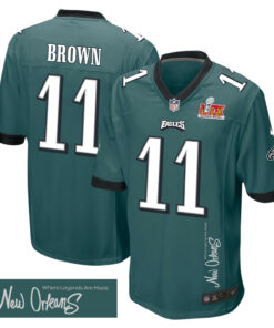 A.J. Brown 11 Philadelphia Eagles Super Bowl LIX 'New Orleans - Where Legends Are Made' EMBROIDERED Game Men Jersey - Midnight Green JS5921 nicesnker