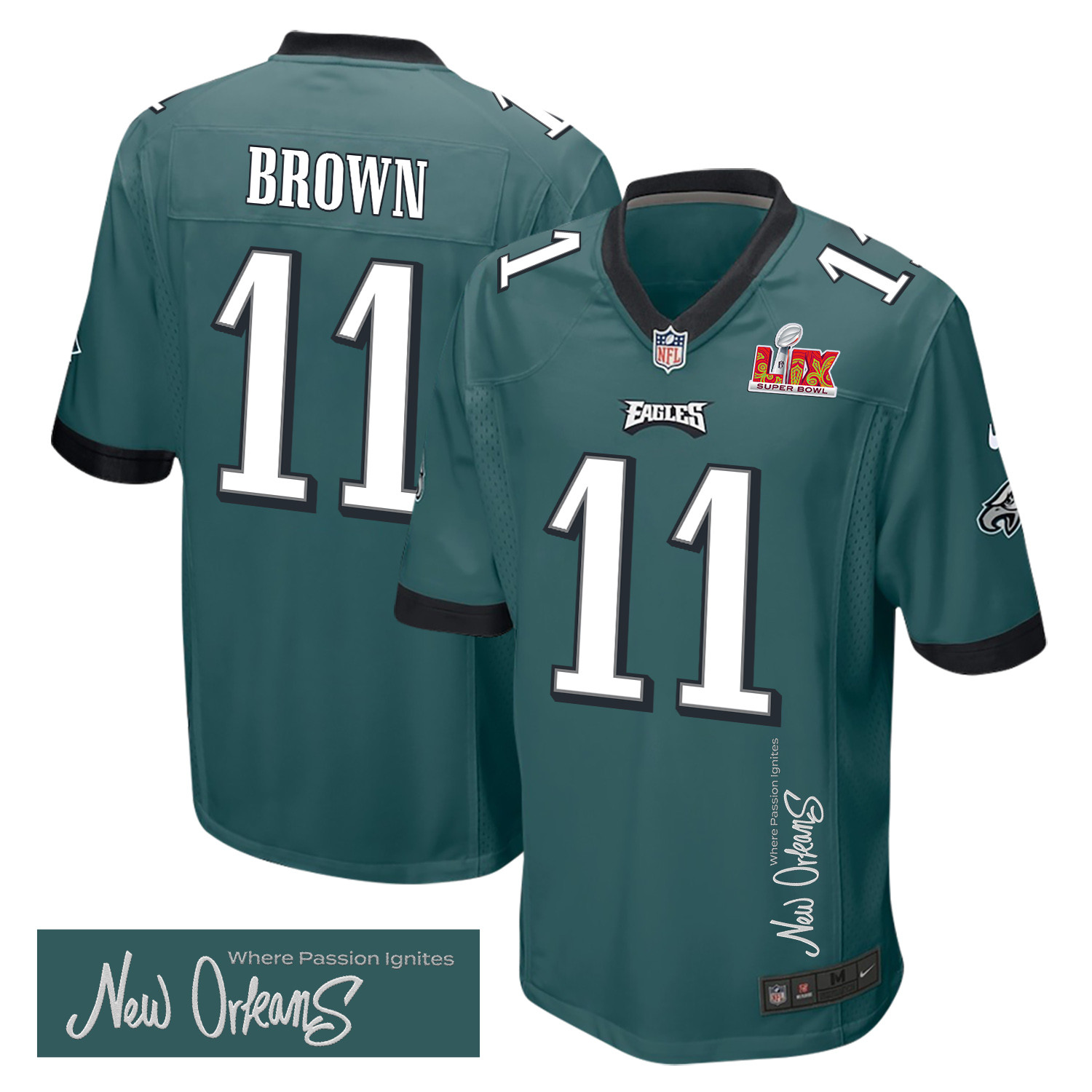 A.J. Brown 11 Philadelphia Eagles Super Bowl LIX 'New Orleans - Where Passion Ignites' EMBROIDERED Game Men Jersey - Midnight Green JS1607 nicesnker