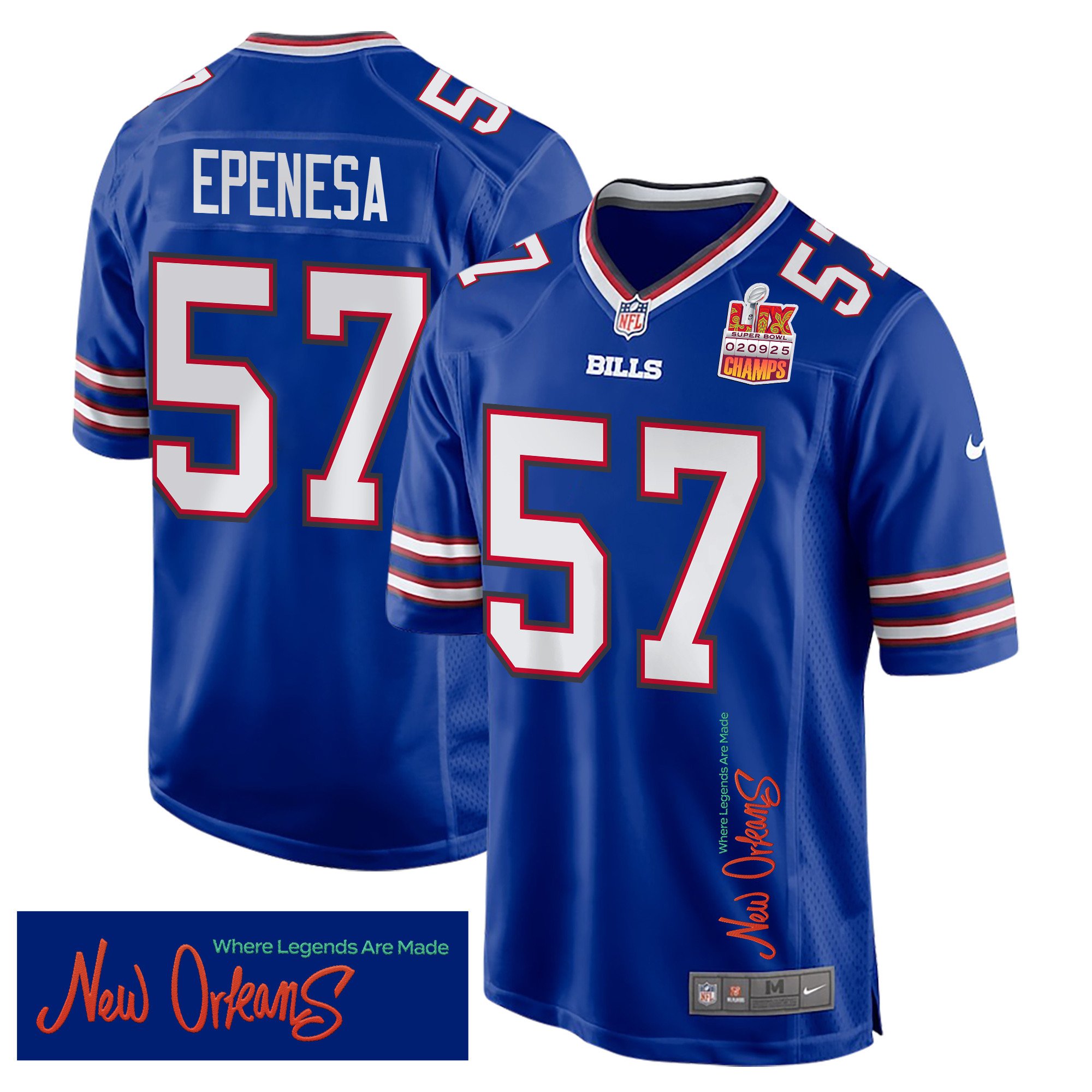 A.J. Epenesa 57 Buffalo Bills Super Bowl LIX Champions Patch 'New Orleans - Where Legends Are Made' EMBROIDERED Game Men Jersey - Royal JS6261 nicesnker