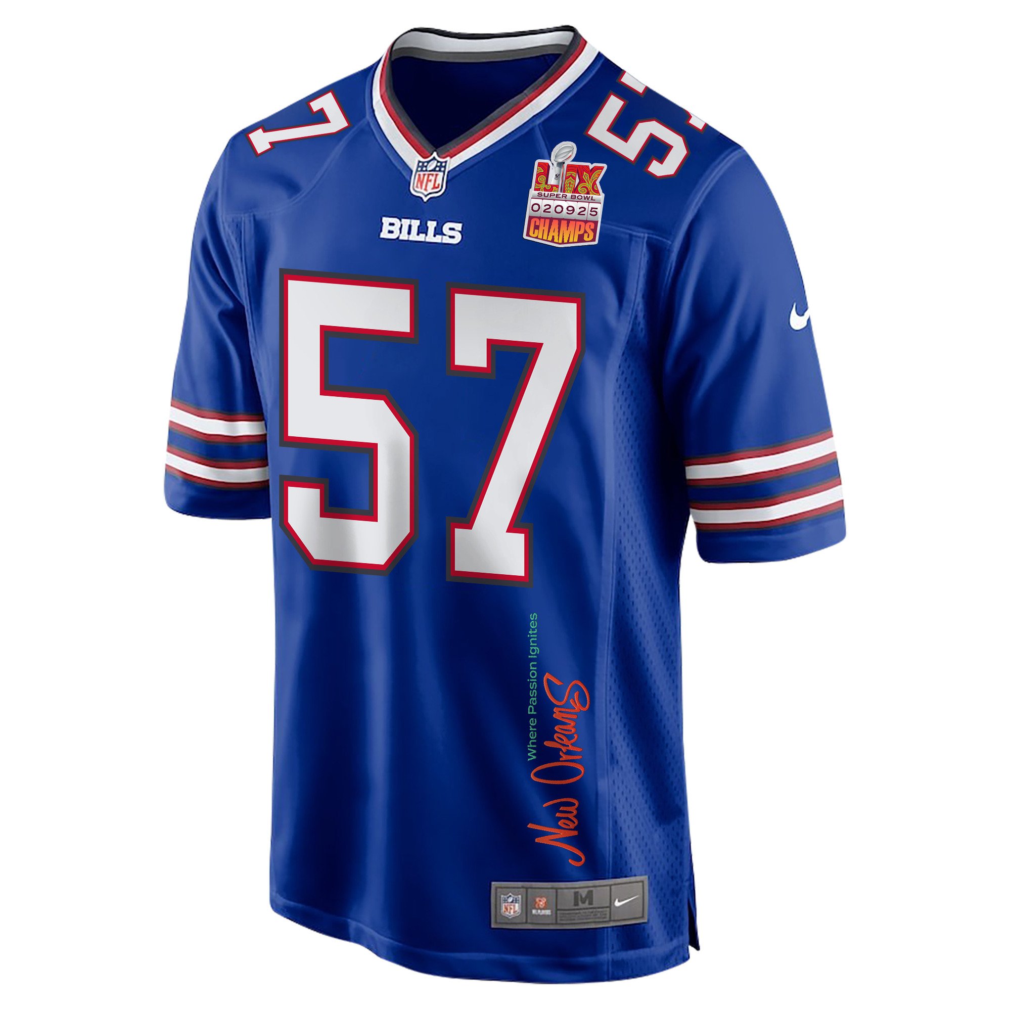 A.J. Epenesa 57 Buffalo Bills Super Bowl LIX Champions Patch 'New Orleans - Where Passion Ignites' EMBROIDERED Game Men Jersey - Royal JS4442 nicesnker - Image 3