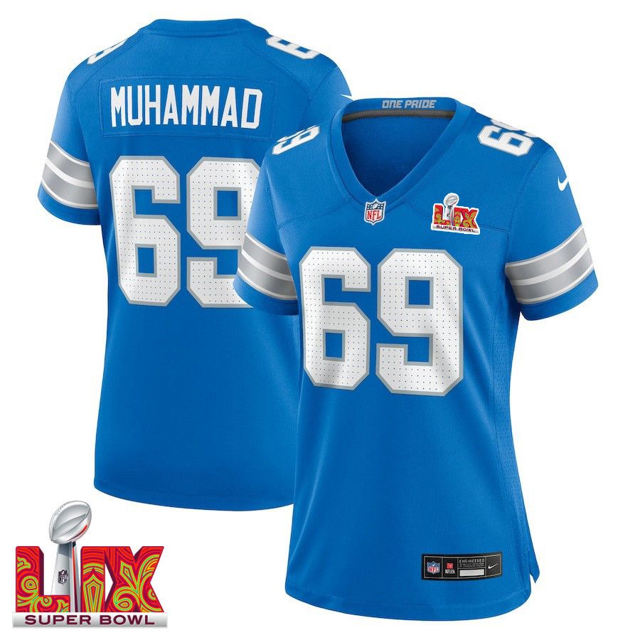 Al-Quadin Muhammad #69 Detroit Lions Super Bowl LIX Women's Jersey - Blue JS9226 nicesnker