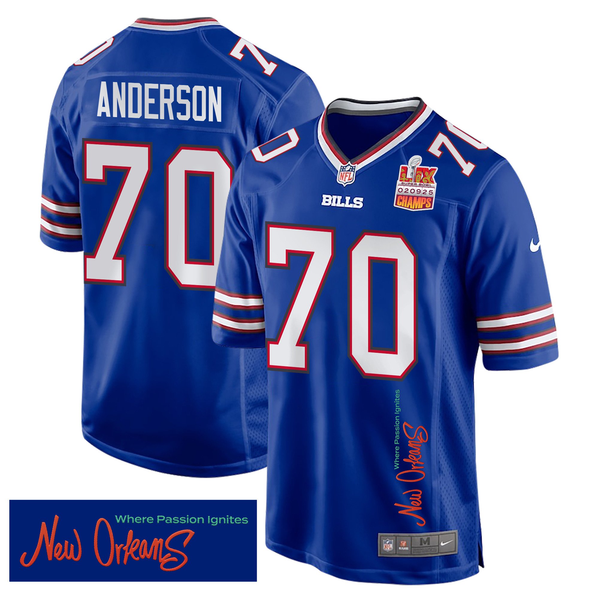 Alec Anderson 70 Buffalo Bills Super Bowl LIX Champions Patch 'New Orleans - Where Passion Ignites' EMBROIDERED Game Men Jersey - Royal JS1448 nicesnker