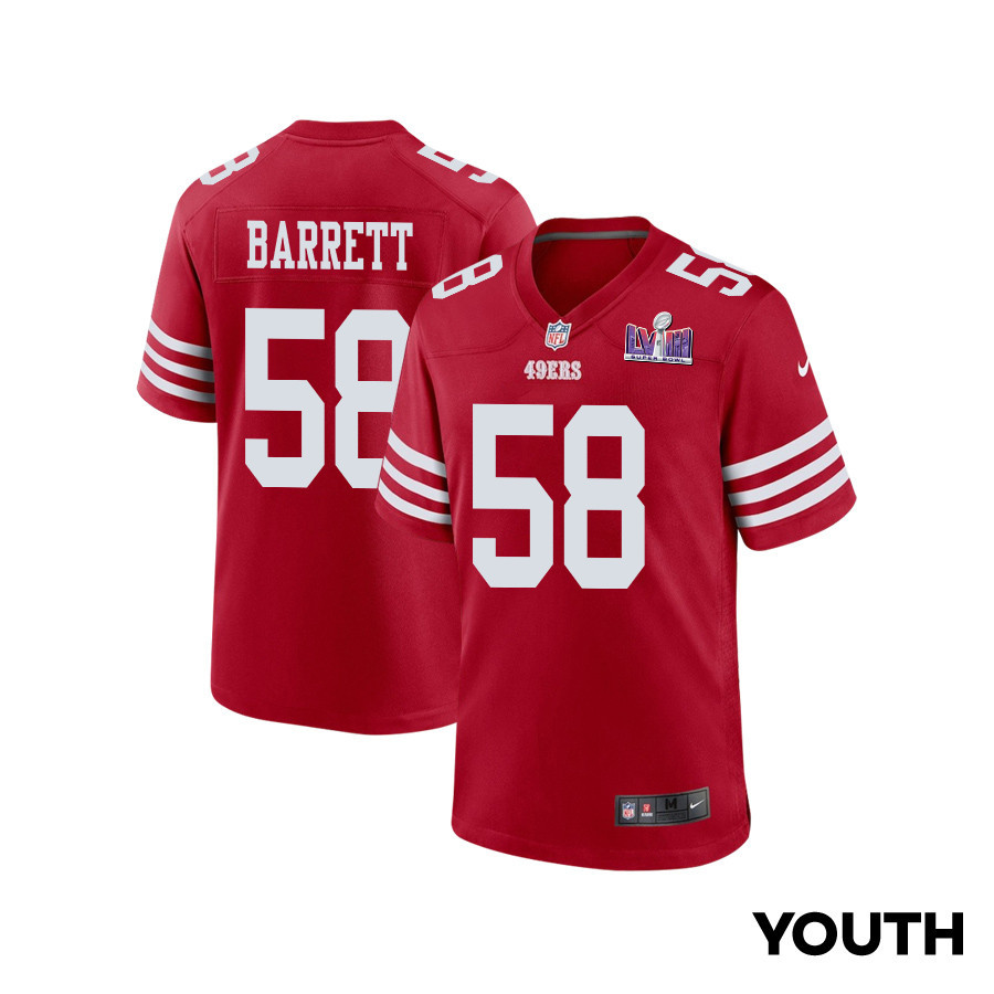 Alex Barrett 58 San Francisco 49ers Super Bowl LVIII Patch Game YOUTH Jersey - Scarlet JS2760 nicesnker