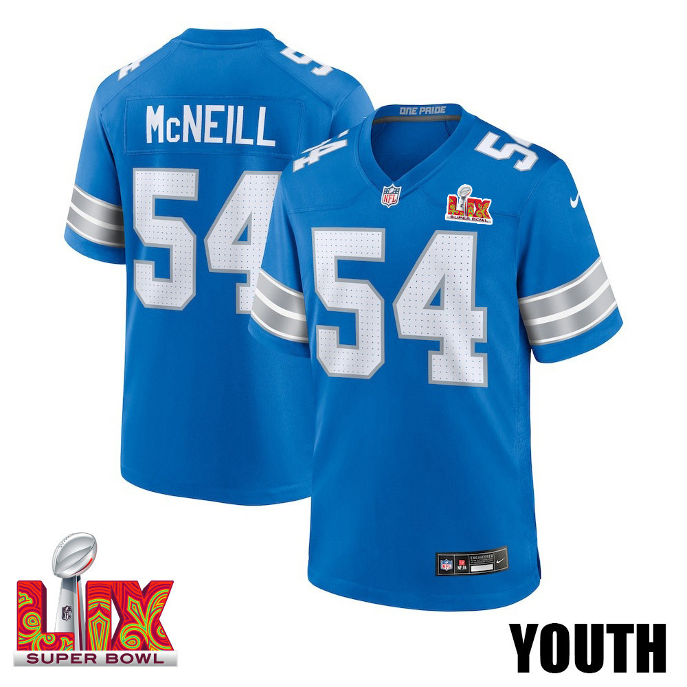 Alim McNeill #54 Detroit Lions Super Bowl LIX YOUTH Jersey - Blue JS3710 nicesnker