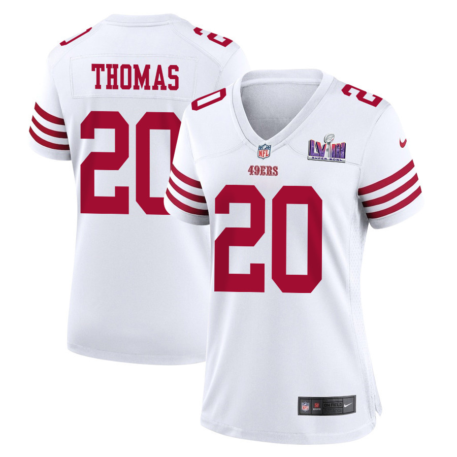 Ambry Thomas 20 San Francisco 49ers Super Bowl LVIII Patch Game Women Jersey - White JS9142 nicesnker