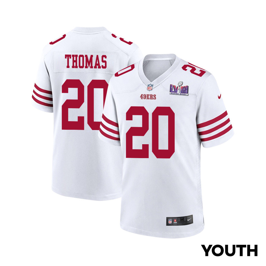 Ambry Thomas 20 San Francisco 49ers Super Bowl LVIII Patch Game YOUTH Jersey - White JS2098 nicesnker