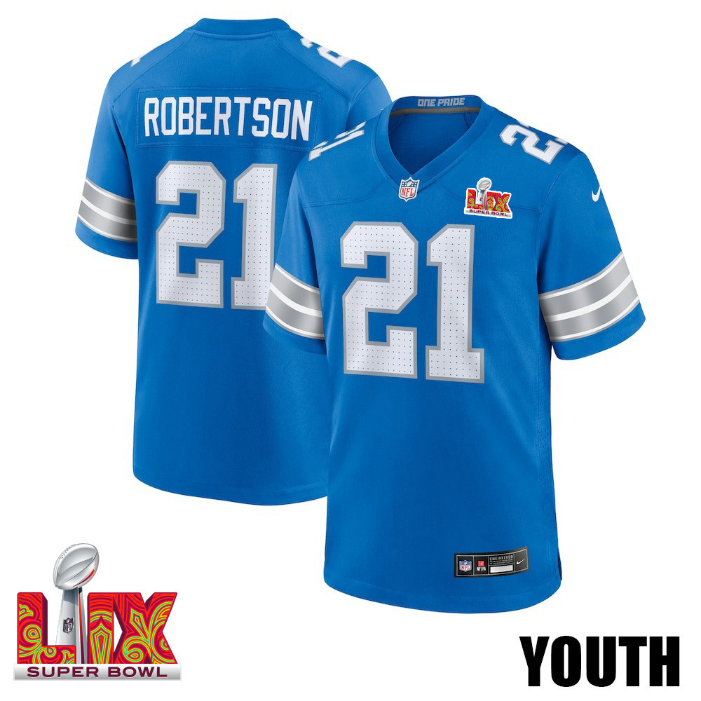 Amik Robertson #21 Detroit Lions Super Bowl LIX YOUTH Jersey - Blue JS3309 nicesnker