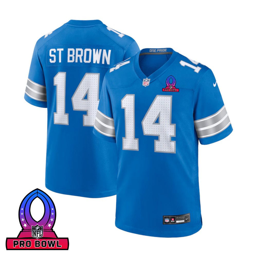 Amon-Ra St. Brown 14 Detroit Lions 2025 Pro Bowl Patch Game Men Jersey - Blue JS3145 nicesnker