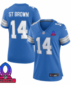 Amon-Ra St. Brown 14 Detroit Lions 2025 Pro Bowl Patch Women Game Jersey - Blue JS5321 nicesnker