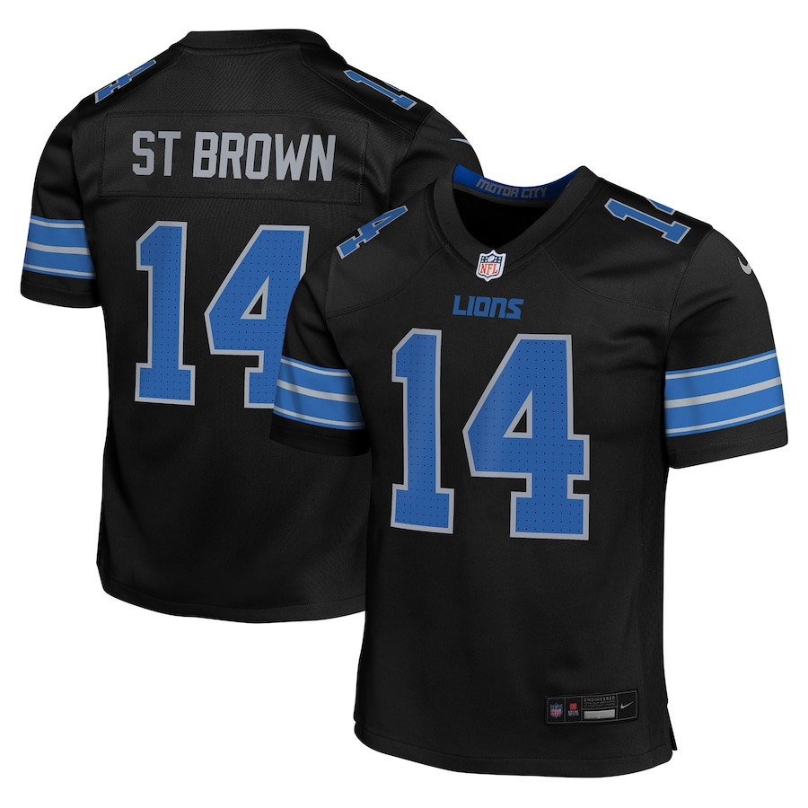 Amon-Ra St. Brown 14 Detroit Lions Alternate Player Game YOUTH Jersey - Black JS3620 nicesnker