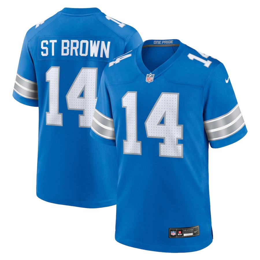 Amon-Ra St. Brown 14 Detroit Lions Game Jersey - Men, Blue JS5681 nicesnker