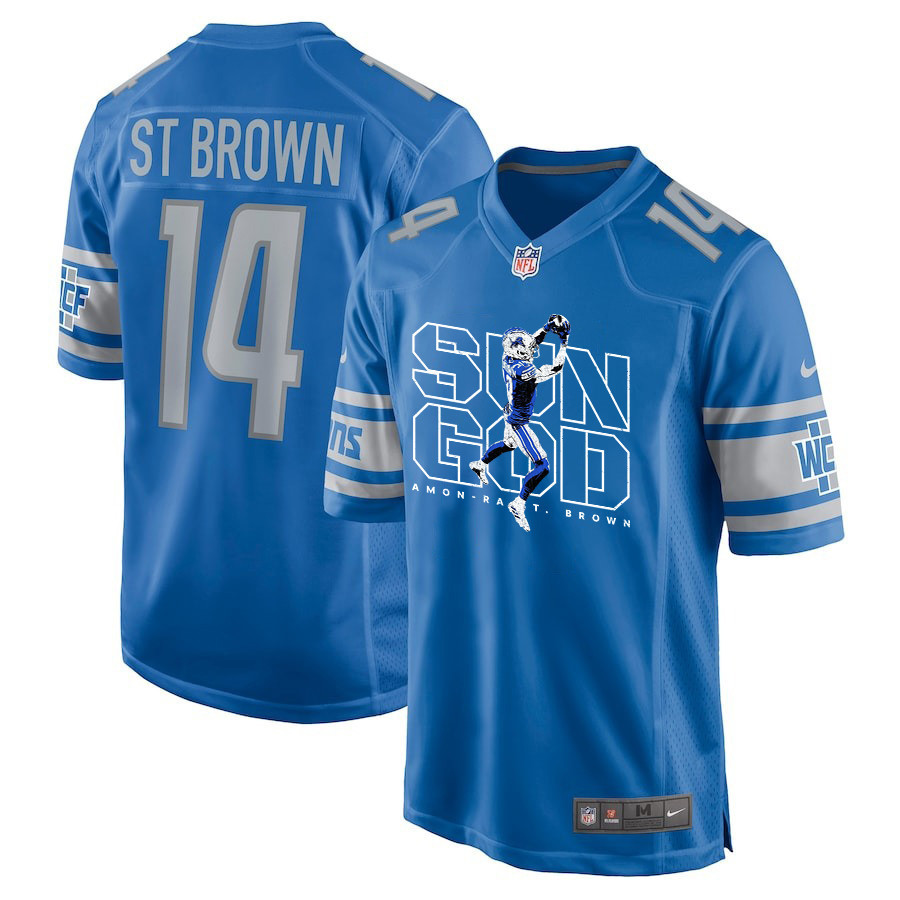 Amon-Ra St. Brown 14 Detroit Lions Sun God Game Men Jersey - Blue JS8008 nicesnker