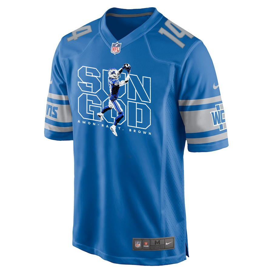 Amon-Ra St. Brown 14 Detroit Lions Sun God Game Men Jersey - Blue JS8008 nicesnker - Image 2