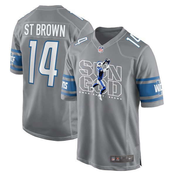 Amon-Ra St. Brown 14 Detroit Lions Sun God Game Men Jersey - Silver JS2800 nicesnker