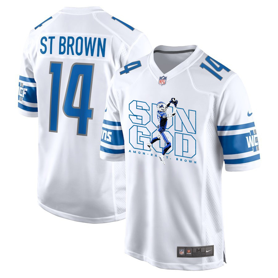 Amon-Ra St. Brown 14 Detroit Lions Sun God Game Men Jersey - White JS3582 nicesnker