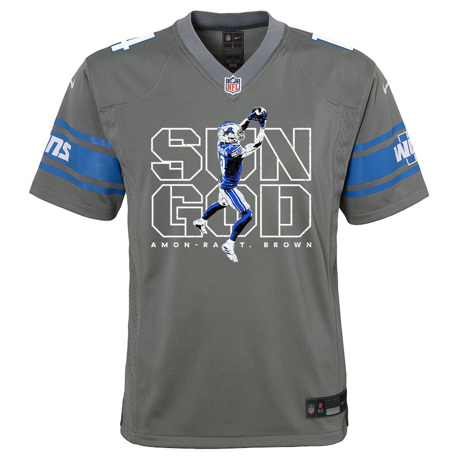 Amon-Ra St. Brown 14 Detroit Lions Sun God Game YOUTH Jersey - Silver JS8086 nicesnker - Image 2