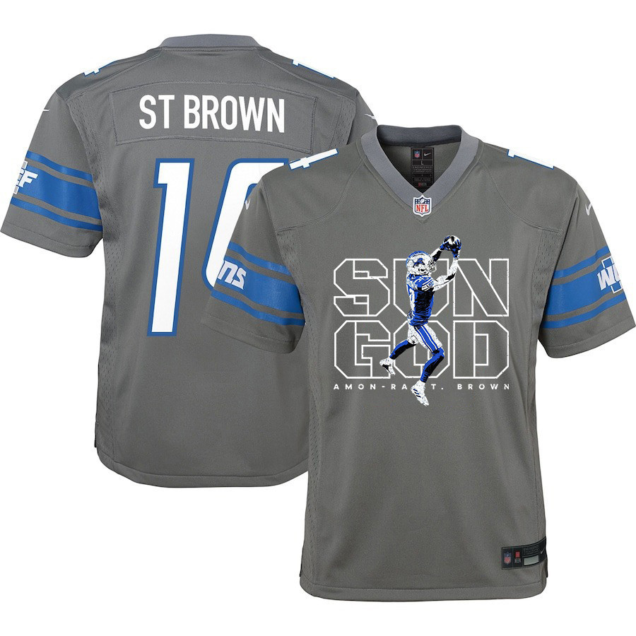 Amon-Ra St. Brown 14 Detroit Lions Sun God Game YOUTH Jersey - Silver JS8086 nicesnker