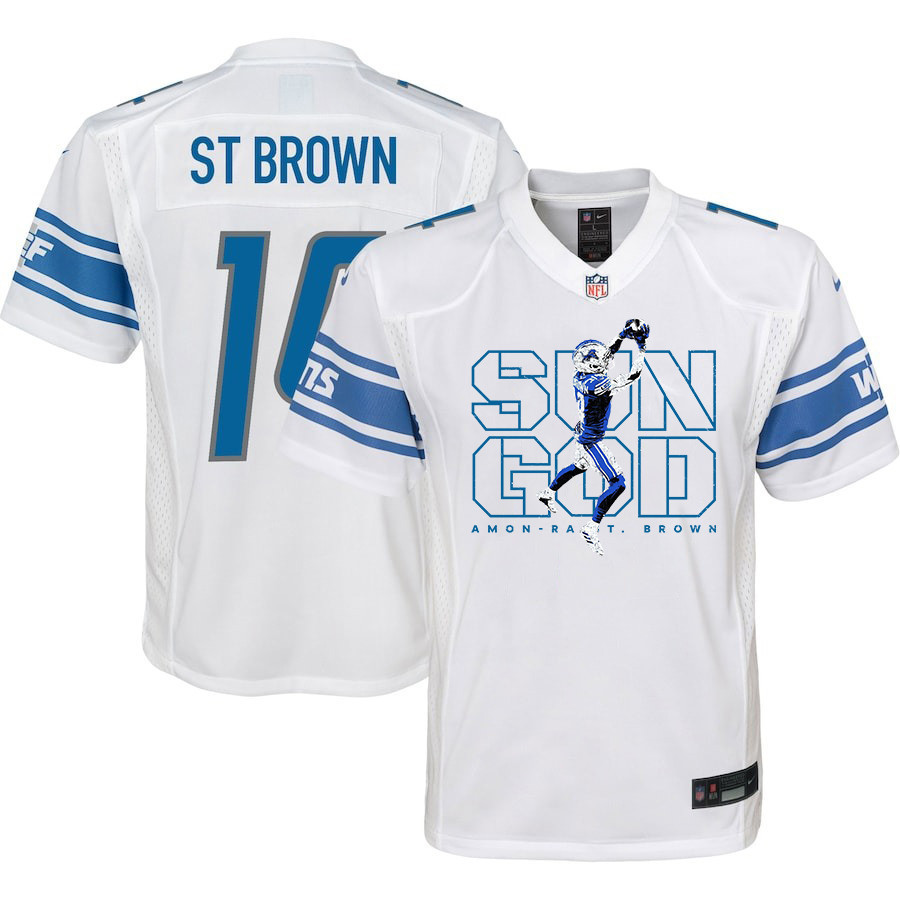 Amon-Ra St. Brown 14 Detroit Lions Sun God Game YOUTH Jersey - White JS5479 nicesnker