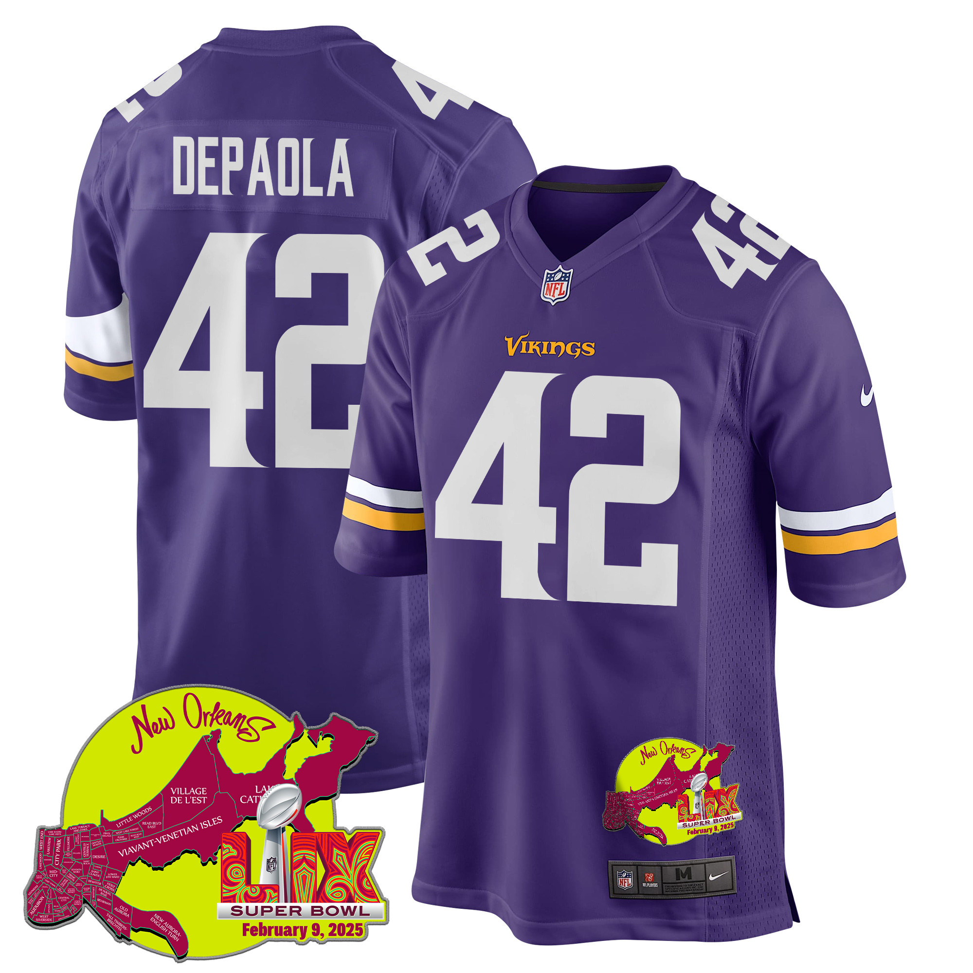 Andrew DePaola 42 Minnesota Vikings Super Bowl LIX New Orleans Patch Game Men Jersey - Purple JS6021 nicesnker