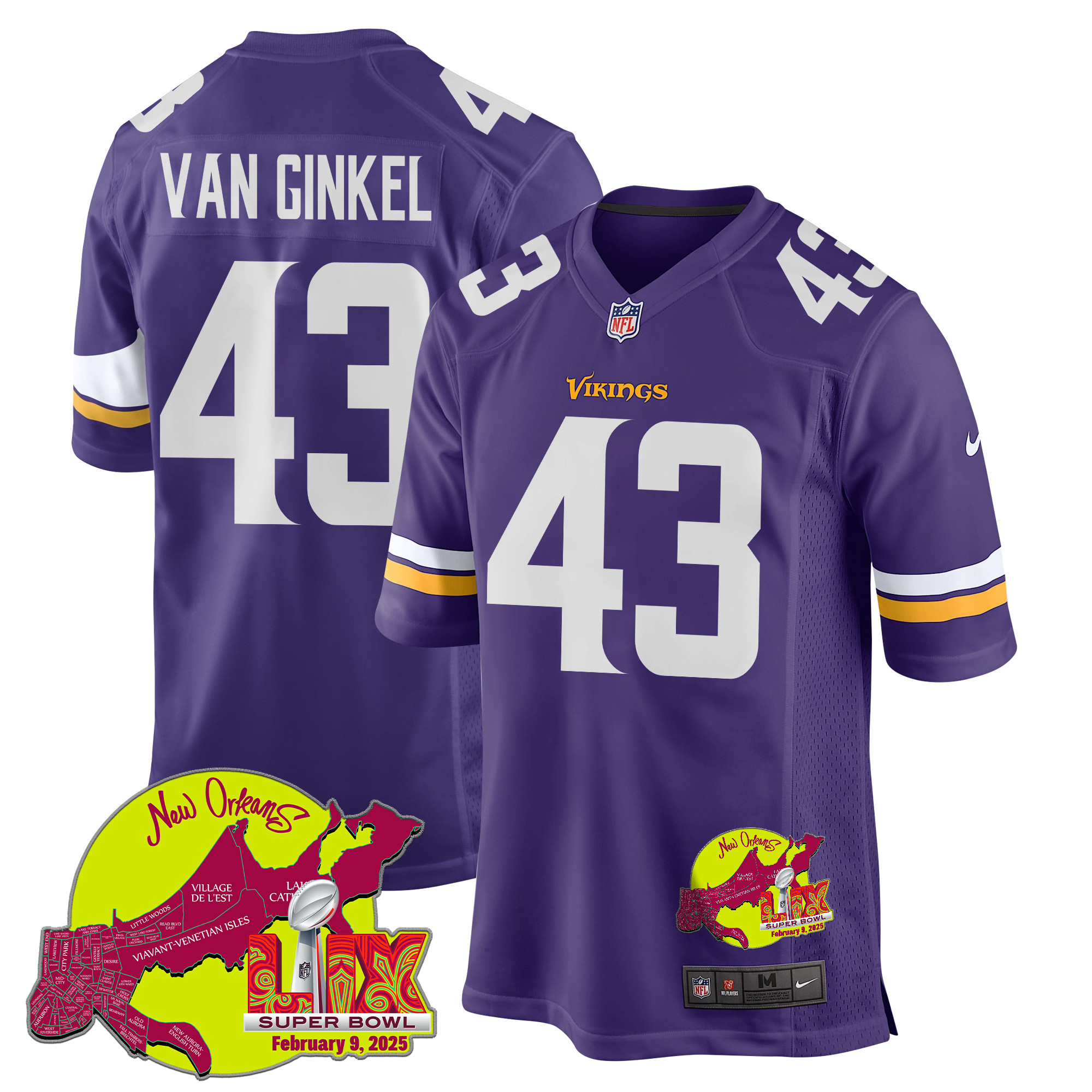Andrew Van Ginkel 43 Minnesota Vikings Super Bowl LIX New Orleans Patch Game Men Jersey - Purple JS7529 nicesnker
