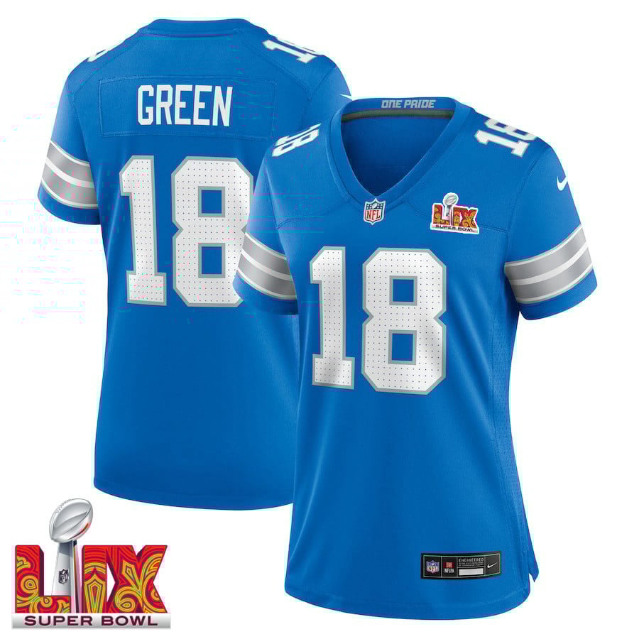 Antoine Green #18 Detroit Lions Super Bowl LIX Women's Jersey - Blue JS2140 nicesnker