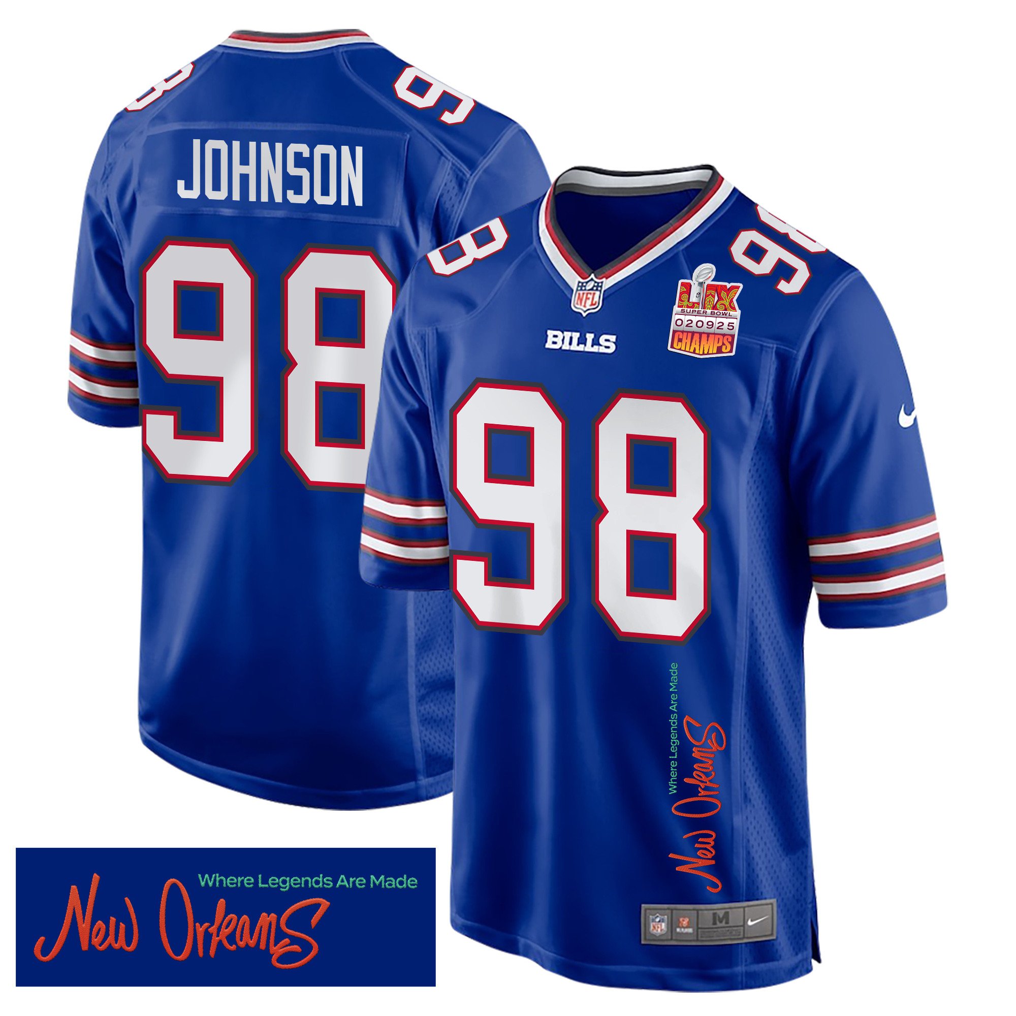 Austin Johnson 98 Buffalo Bills Super Bowl LIX Champions Patch 'New Orleans - Where Legends Are Made' EMBROIDERED Game Men Jersey - Royal JS9886 nicesnker
