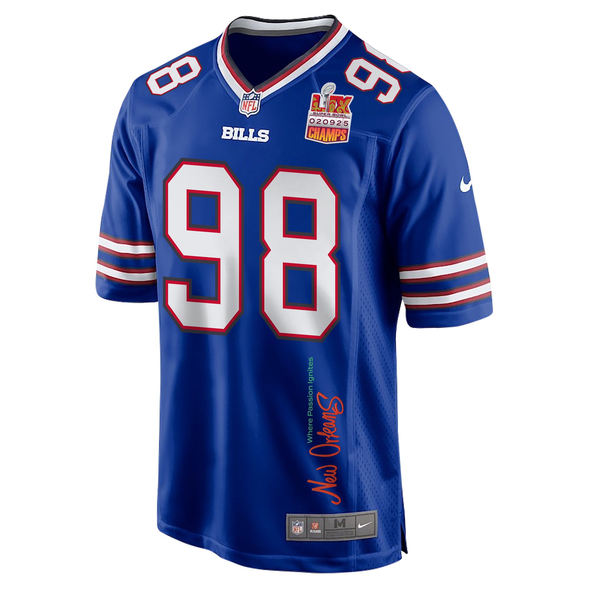 Austin Johnson 98 Buffalo Bills Super Bowl LIX Champions Patch 'New Orleans - Where Passion Ignites' EMBROIDERED Game Men Jersey - Royal JS7124 nicesnker - Image 3