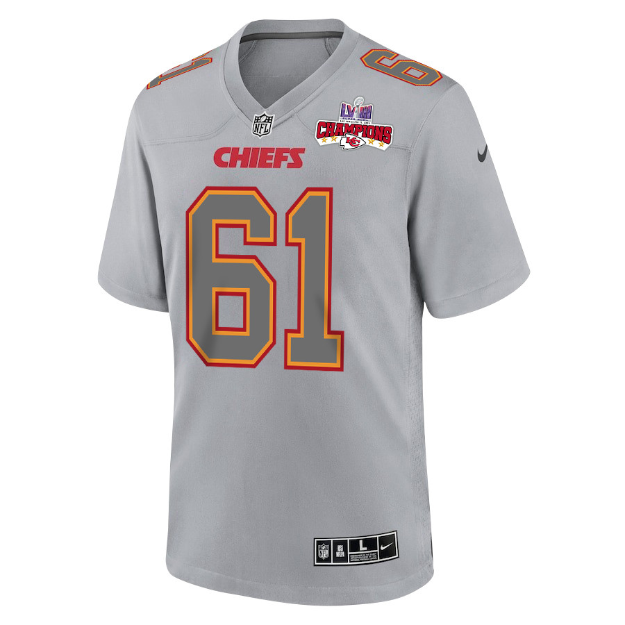 Austin Reiter 61 Kansas City Chiefs Super Bowl LVIII Champions 4 Stars Patch Atmosphere Fashion Game Men Jersey - Gray JS2109 nicesnker - Image 2
