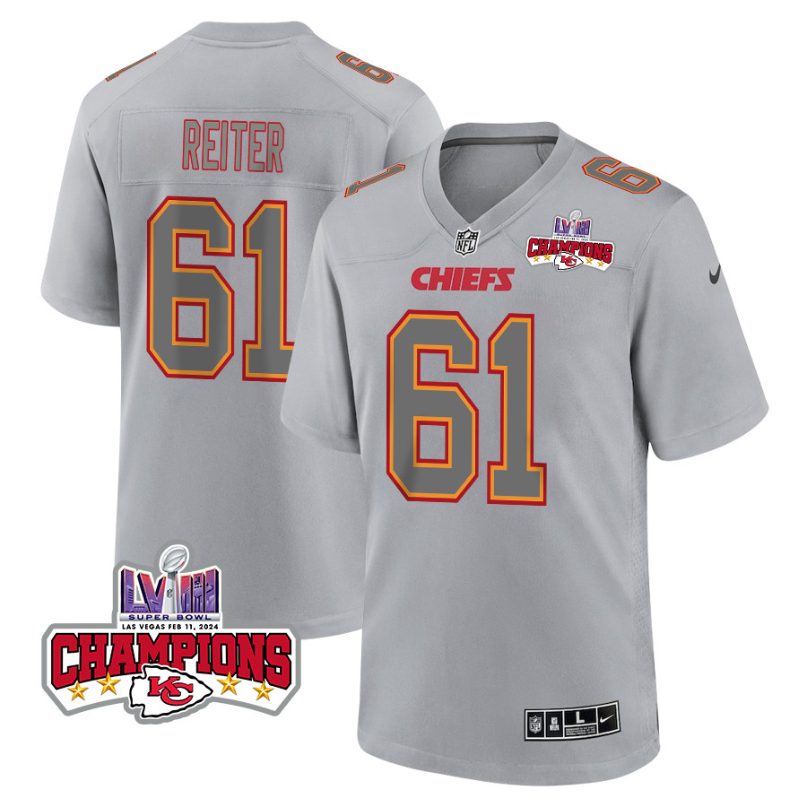 Austin Reiter 61 Kansas City Chiefs Super Bowl LVIII Champions 4 Stars Patch Atmosphere Fashion Game Men Jersey - Gray JS2109 nicesnker