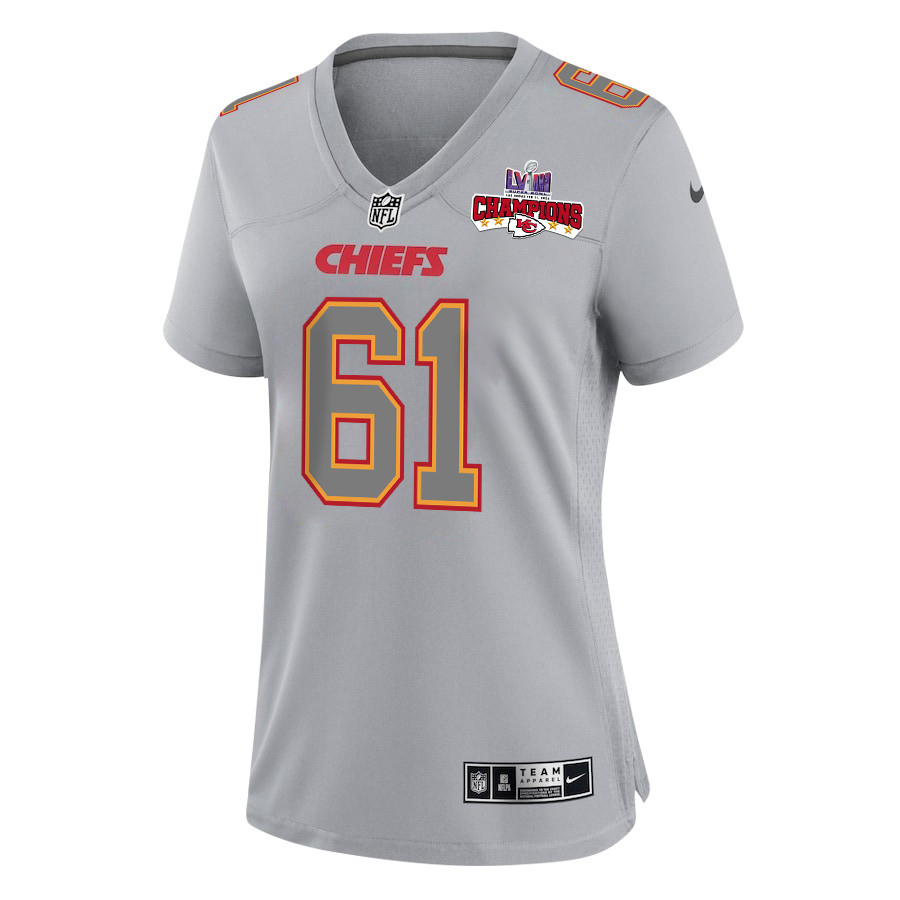Austin Reiter 61 Kansas City Chiefs Super Bowl LVIII Champions 4 Stars Patch Atmosphere Fashion Game Women Jersey - Gray JS8698 nicesnker - Image 2