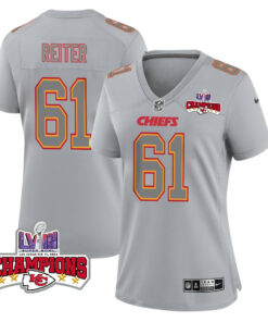 Austin Reiter 61 Kansas City Chiefs Super Bowl LVIII Champions 4 Stars Patch Atmosphere Fashion Game Women Jersey - Gray JS8698 nicesnker