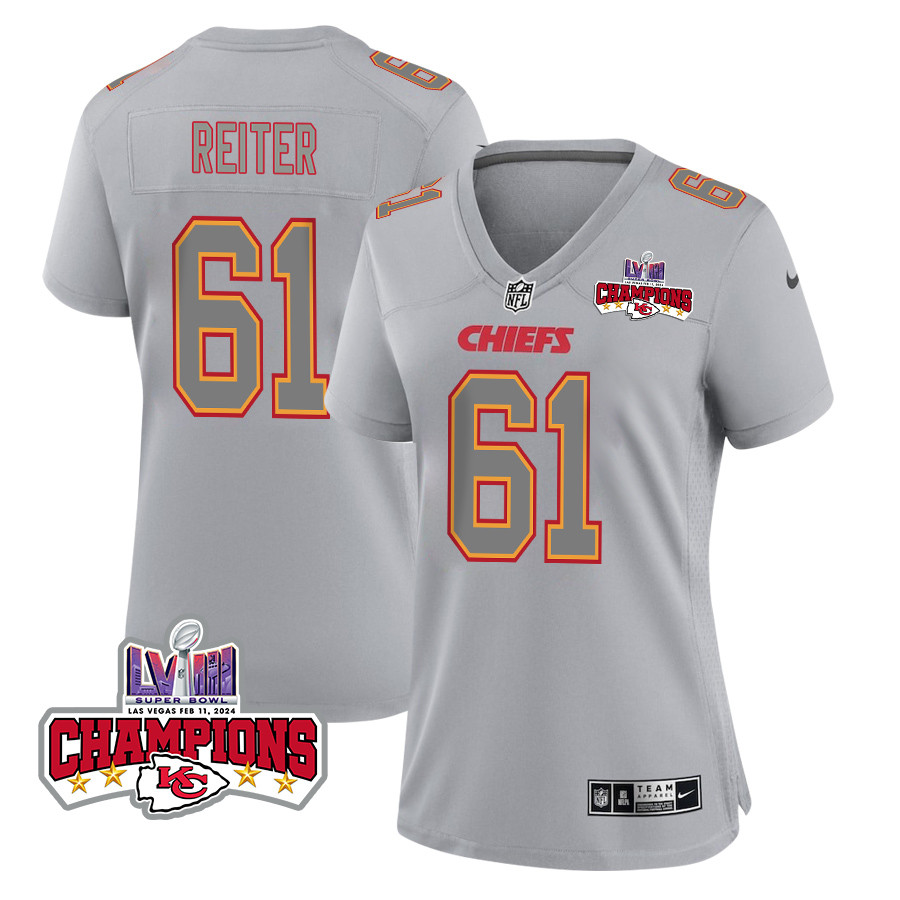 Austin Reiter 61 Kansas City Chiefs Super Bowl LVIII Champions 4 Stars Patch Atmosphere Fashion Game Women Jersey - Gray JS8698 nicesnker