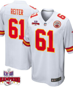 Austin Reiter 61 Kansas City Chiefs Super Bowl LVIII Champions 4 Stars Patch Game Men Jersey - White JS5738 nicesnker