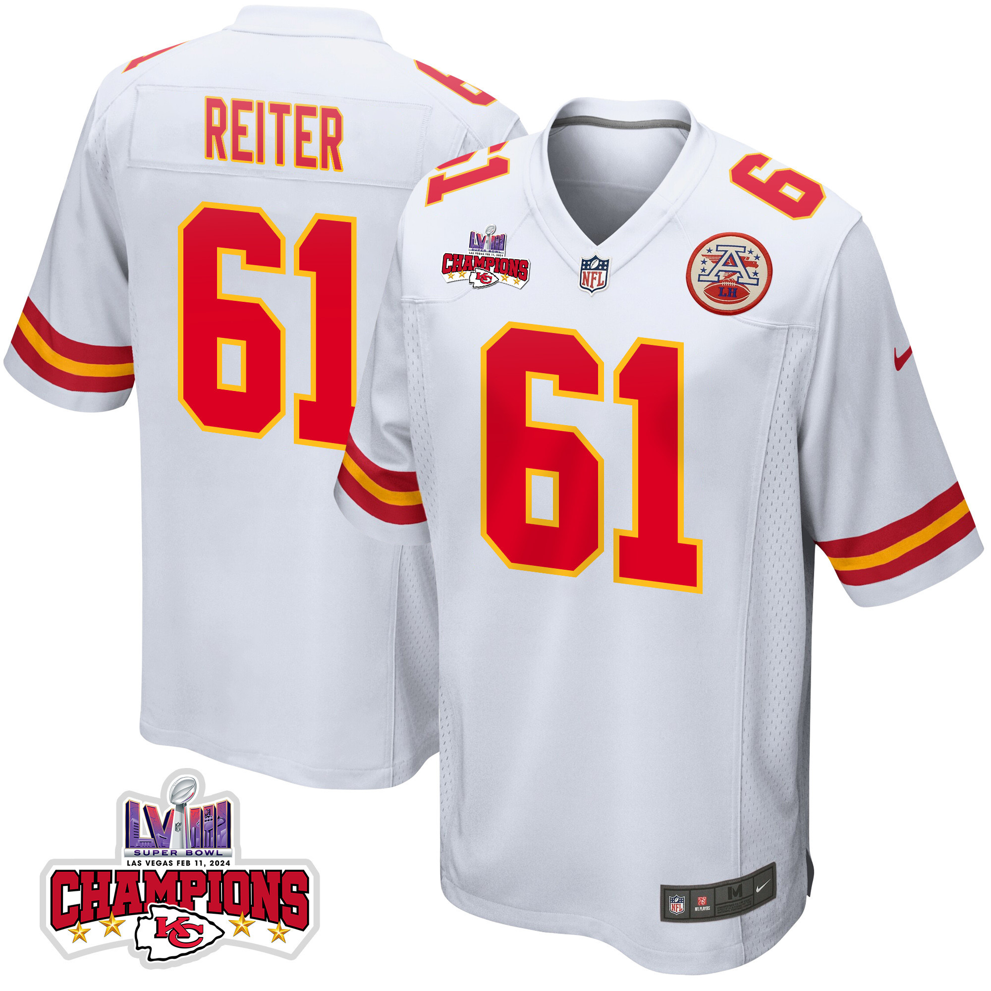 Austin Reiter 61 Kansas City Chiefs Super Bowl LVIII Champions 4 Stars Patch Game Men Jersey - White JS5738 nicesnker
