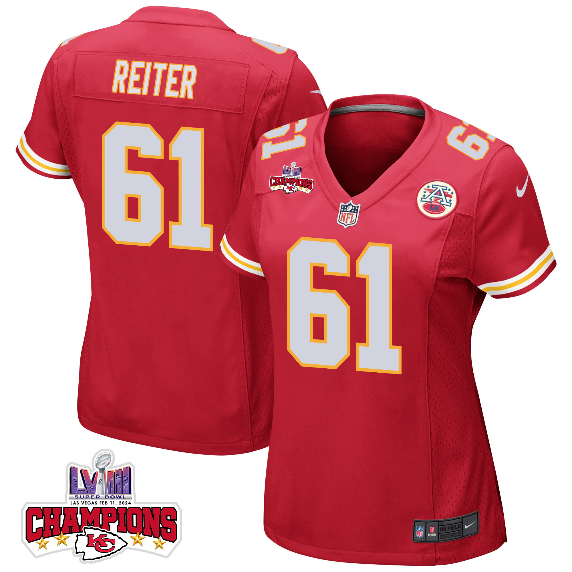 Austin Reiter 61 Kansas City Chiefs Super Bowl LVIII Champions 4 Stars Patch Game Women Jersey - Red JS4482 nicesnker