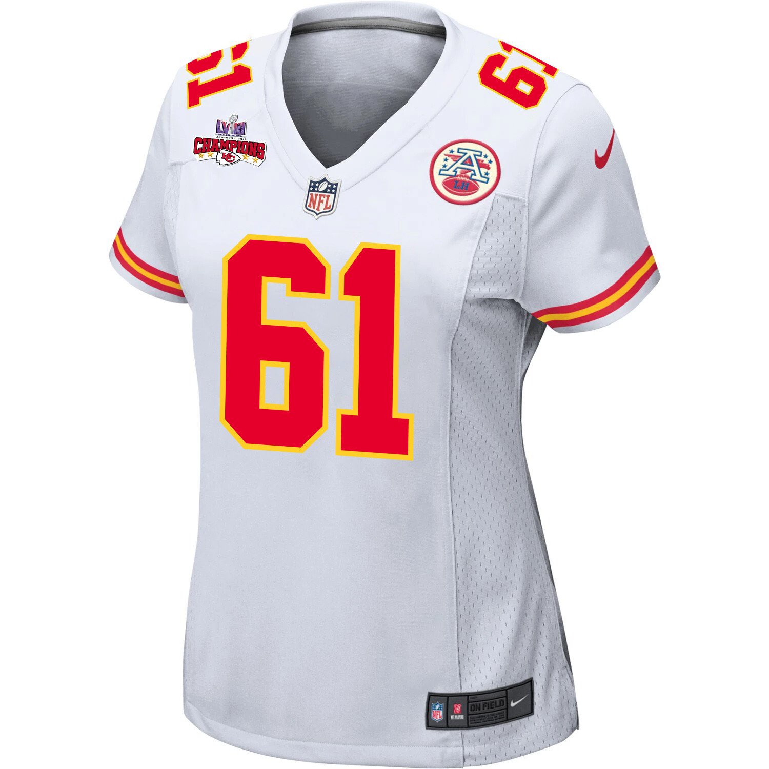Austin Reiter 61 Kansas City Chiefs Super Bowl LVIII Champions 4 Stars Patch Game Women Jersey - White JS2096 nicesnker - Image 2