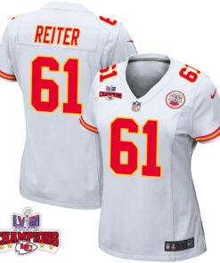 Austin Reiter 61 Kansas City Chiefs Super Bowl LVIII Champions 4 Stars Patch Game Women Jersey - White JS2096 nicesnker