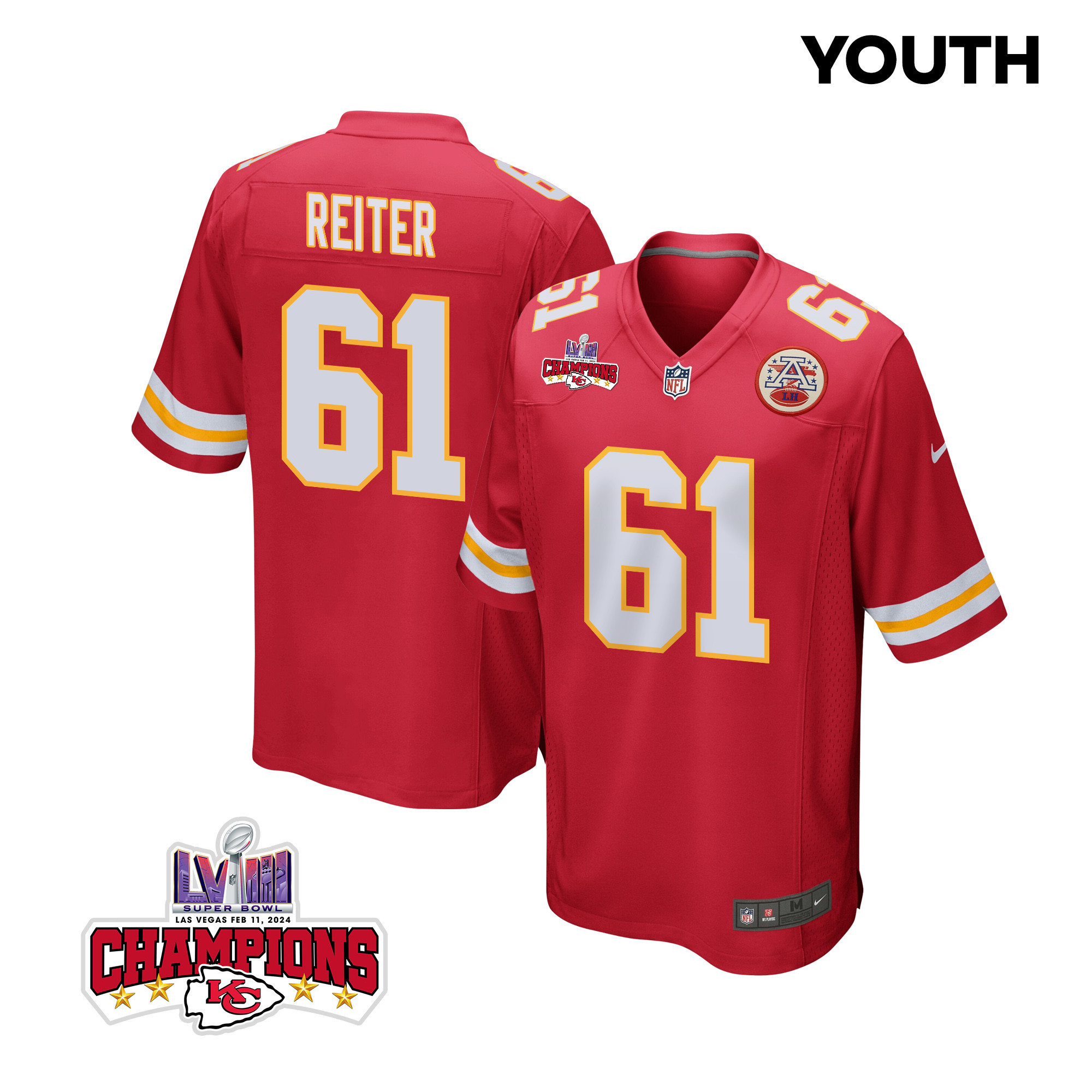 Austin Reiter 61 Kansas City Chiefs Super Bowl LVIII Champions 4 Stars Patch Game YOUTH Jersey - Red JS6639 nicesnker