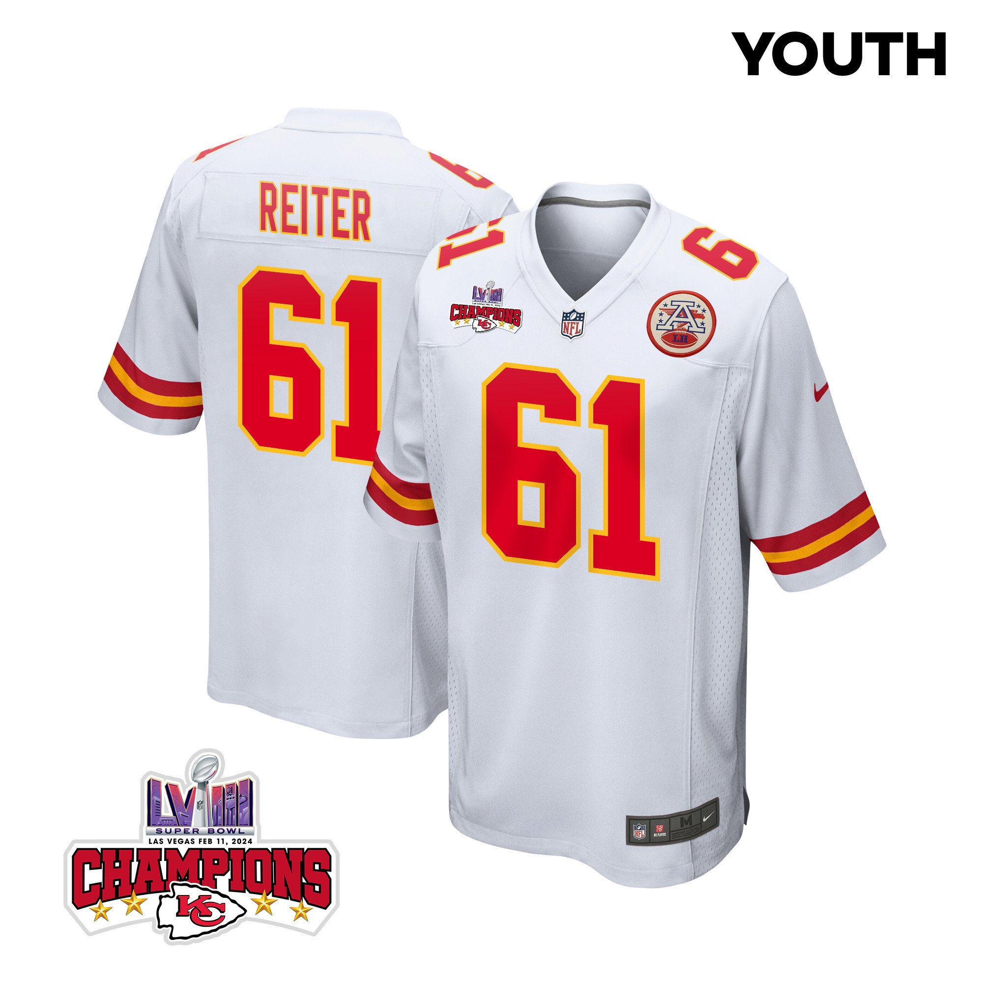 Austin Reiter 61 Kansas City Chiefs Super Bowl LVIII Champions 4 Stars Patch Game YOUTH Jersey - White JS3592 nicesnker