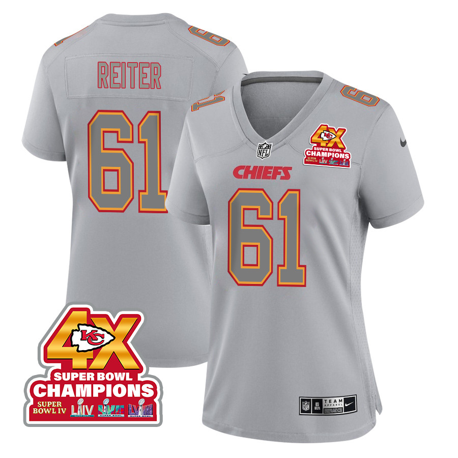 Austin Reiter 61 Kansas City Chiefs Super Bowl LVIII Champions 4X Atmosphere Fashion Game Women Jersey - Gray JS4166 nicesnker
