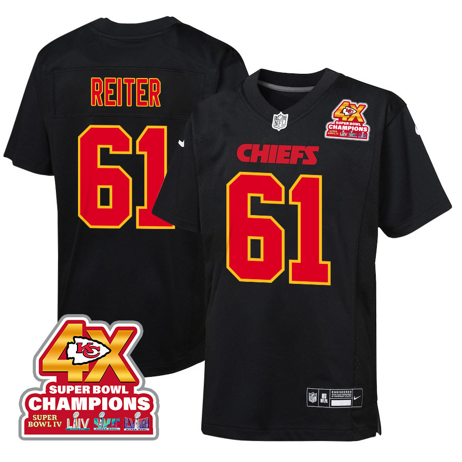 Austin Reiter 61 Kansas City Chiefs Super Bowl LVIII Champions 4X Fashion Game YOUTH Jersey - Carbon Black JS9138 nicesnker