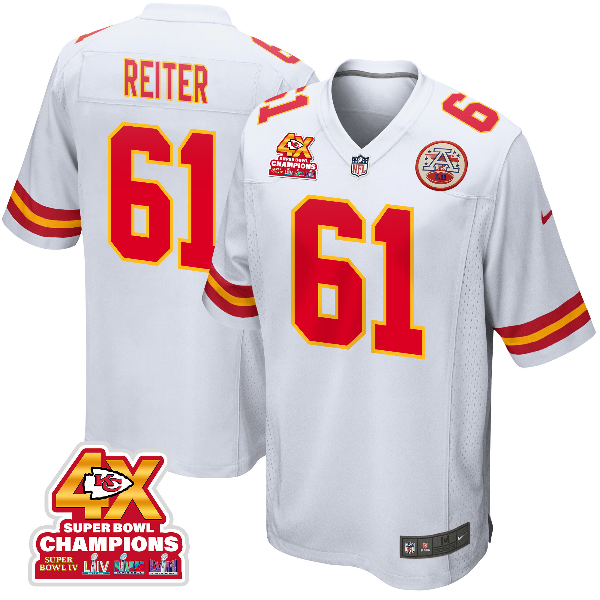 Austin Reiter 61 Kansas City Chiefs Super Bowl LVIII Champions 4X Game Men Jersey - White JS2073 nicesnker